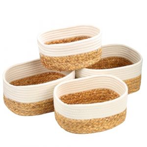 Aevcvok Lot de 4 Panier Rangement,Panier Tressés en Jacinthe d'eau et Coton,Panier de Rangement Salle de Bain,Cuisine,Corbeille Rangement Panier,Organisateur Boîtes de Rangement pour la Salon,Blanc (Avokuya, neuf)