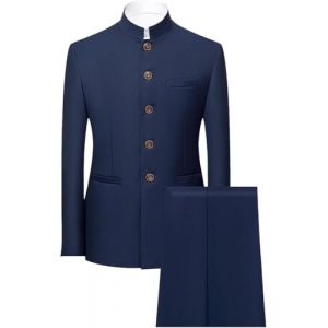 JEShifangjiusu Costume Tunique Chinoise 2 Pièces Uniforme Traditionnelle pour Hommes Ensemble Blazer à Col Mandarin Ensemble Pantalon Veste Boutonnée Robe de Marié (Bleu Saphir,6XL) (Huabaohua[7-12 Deliverly], neuf)