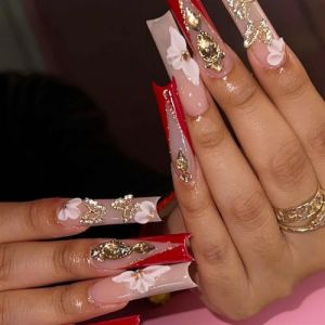 Faux ongles, ongles à presser Faux ongles longs en forme de cercueil avec colle, faux ongles marron portables avec strass, presse de Ballet, couverture complète(24) (zhangtingamz, neuf)
