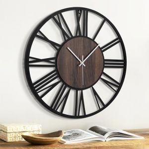 Jassurance Horloges murales &agrave; piles noires de 40,6 cm, horloge murale silencieuse en bois en m&eacute;tal pour d&eacute;coration de salon, horloge murale d&eacute;corative de cuisine moderne (bois fonc&eacute;, romain-40,6 cm) (SanBanHua, neuf)