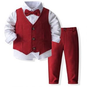 Yaopelky Ensemble de Costume Formel pour b&eacute;b&eacute; gar&ccedil;on avec Gilet et n&oelig;ud Papillon, Robe, Chemise, Pantalon, Tenues de Mariage pour gar&ccedil;ons, Rouge, 12-18 Mois (Yaopelky, neuf)