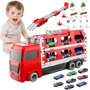 KIMIGO Camion Transporteur Voiture pour garçons de 3,4,5,6 Ans,Camion De Transporteur Piste De Course Éjectable Camion Jouet Voiture avec 9 Petite Voiture,pour Les Enfants Amateurs de Voitures (Fluttuante Kft, neuf)