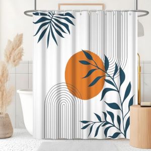 Uiiooazy Rideau Douche Anti Moisissure, Rideau de Douche 240x180cm Abstrait Soleil Terracotta Feuilles Bleu Rideaux de Baignoire Tissu Lavable Imperm&eacute;able Rideaux Salle de Bain avec 12 Crochets (dongguibinjingpinxiaodianpu, neuf)