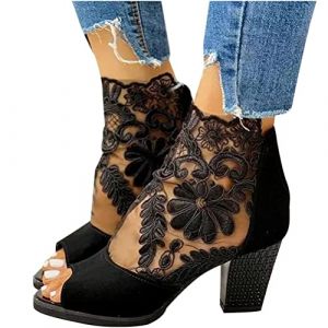 ORANDESIGNE Bottine Femme à Talons, Bottes Femme Dentelle Transparent Vintage Chaussure Fille Confort Escarpins Talon Moyen Zipper Ankle Boots Pas Cher a la Mode C Noir 41 EU (Wowmart Zoo X., neuf)