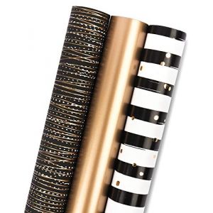 RUSPEPA Rouleau De Papier D'Emballage Cadeau - Mini rouleau - 3 Motifs Différents De Rayures Or Noir (42,5 pieds carrés) - 43,2 cm X 3,05 m Par Rouleau (Ruspepa, neuf)