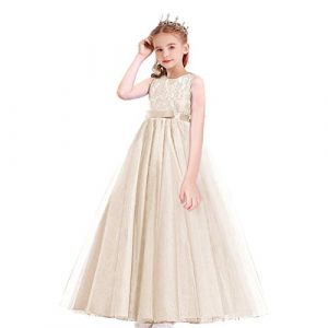 MYRISAM Filles Pageant Robe de Princesse en Dentelle sans Manches Robe de Mariage Soir&eacute;e Carnaval Communion Anniversaire C&eacute;r&eacute;monie No&euml;l F&ecirc;te Longue Tulle Bal Abricot 11-12 Ans (MYRISAM store, neuf)