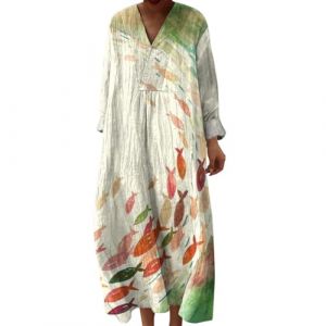 Robe Ete Femme Mi Longue Fluide Coton Chemise Robes Manches Longues Ample Casuel A-Line Imprim&eacute; Fleur Robes Col V Ronde Boh&egrave;me Robe De Soiree Femme Vintage Dress pour F&ecirc;te Travail (Anglekie, neuf)