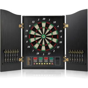 Brovamo Cible de Fl&eacute;chettes, Coffret D&eacute;coratif pour Cible de Fl&eacute;chettes [12*Fl&eacute;chettes &agrave; Pointe Souple], Cible &eacute;lectronique de Fl&eacute;chettes, Portes de Coffret en Bois avec Tableau [Noir] (Brovamo Shop, neuf)