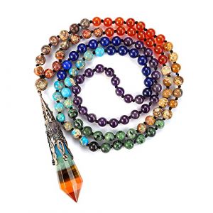 Jovivi Collier Bijoux Femme Mala Collier Chakra 108 Perles Mala Tib&eacute;tain Collier Sautoir Fantaisie avec Pendentif C&ocirc;ne de Pointe Chakra Pierre Naturelle Bijoux Femme Homme (kaenmis, neuf)