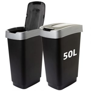 2friends Lot de 2 poubelles de cuisine avec couvercle basculant - 2 compartiments - Environ 50 l - 60 x 45 x 34 cm - Couleur : noir/argenté - Fabriqué en Union Européenne (2friends GmbH, neuf)