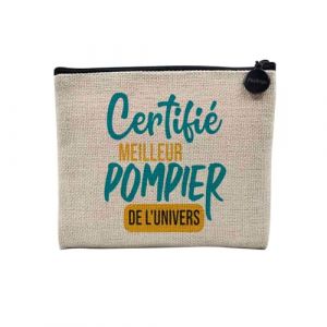 Pochette en Lin - Certifié Meilleur Pompier de l'univers Heros Feu Volontaire Urgence - Trousse Maquillage en Toile Aspect Lin - Porte Monnaie - 15 x10 cm (FabulousBOUTIK, neuf)