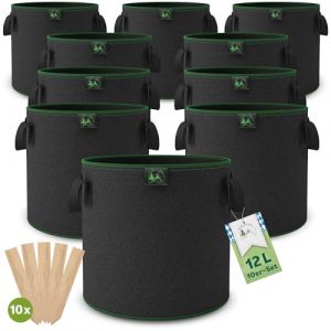 TTL Garden Lot de 10 sacs de plantation en tissu non tissé - 12 l - Sacs de plantes de 12 l - 300 g/m² - Feutre et tissu non tissé - Sacs de culture pour balcon, terrasse, serre, jardin (TTL-Commerce, neuf)