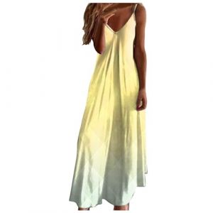 WVONIF Femme Maxi Robe Robe Femme Ete Robe Courte avec Poches Robe Boheme Chic et Elegant Robe de Plage Col V Robe Short Robes à Manches à Volants Robe Gothique （ Jaune, S (BAULMD（90% Big Promotion Without Discount Code ）, neuf)