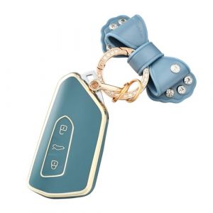 OFF WE GO Coque de Clé Voiture avec Porte-clés pour VW Coque de Clé TPU 3 Bouton Accessoire Clé de Voiture pour Volkswagen Golf 8 Seat Leon MK4 Tarraco Ateca Skoda Octavia Cupra Formentor, Or Bleu (OFF WE GO, neuf)