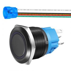 Gebildet 22mm 110V-220V Bouton-Poussoir Momentan&eacute; en Acier Inoxydable LED 1NO1NC SPDT on Off Bouton &eacute;tanche avec Prise de Fil (LED bleu et Coque Noire) (Gebildet-FR, neuf)