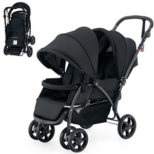 COSTWAY Poussette Tandem Double Pliable avec Auvent & Dossier Réglable, Poussette Landau Bébé avec Ceinture de Sécurité, Roues Verrouillables avec Freins, Pliable à une Main, Charge 30kg (Noir) (FDS GmbH, neuf)