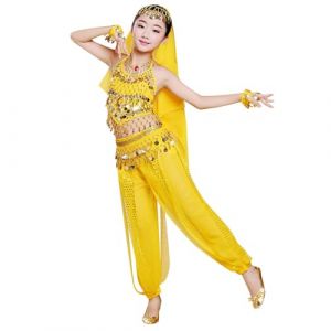 Costume Danse Indienne Enfant – Tenue BolIywood Fille – Ensemble Belly Dance avec Haut, Pantalon, Ceinture, Voile et Bracelets – Déguisement Spectacle, Fête, CarnavaI, Danse (Yellow, 11-12 Years) (AncientCrab, neuf)