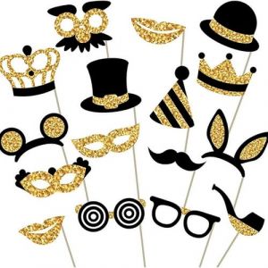 Heanvmyss Accessoires de Photobooth de F&ecirc;te,16 Pi&egrave;ces Papier Photo Booth Props,Accessoires de Cabine Photo Anniversaire,D&eacute;coration de Selfie pour Carnaval,Mariage,Mascarade(Noir Or) (Heanvmyss, neuf)