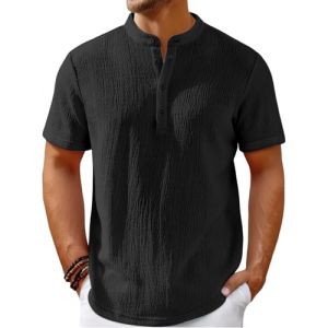 WINKEEY Chemise Homme Henley à Manches Courtes T-Shirt Homme Tunisien Tee Shirt d'été Décontracté, Noir XXL (WINKEEY, neuf)