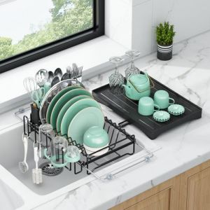 Aufworld &Eacute;gouttoir Vaisselle Extensible &ndash; Anti-Rouille avec Planche d'&Eacute;gouttage, sur &Eacute;vier pour Plan de Travail, Porte-Ustensiles et Range-Tasses, Gain de Place (Mod&egrave;le Moyen + Extensible) (Homie Group, neuf)