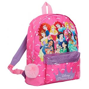 Disney Sac à dos princesse avec toutes les princesses officielles pour filles, grand sac à dos d'école rose pailleté, rose, taille unique (Lora Dora, neuf)