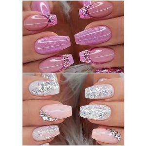 Ceboic 48 Pièces 2 Boîtes Faux Ongles Français Moyens Cercueil Press on Nails Ballerine Artificiels Ongles à Coller Rose Blanc Violet Brillant Acrylique Bâton sur Ongles Kit pour Femmes et Filles (Biaodian, neuf)