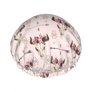Bonnet de douche imprimé tribal crâne de taureau pour femme drôle - réutilisable | Bonnet de cheveux fantaisie pour le bain | Chapeau de couche (Qingchede77Stro, neuf)