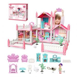 Balakaka Maison de Poupée 11 Chambres et 3 Terrasses & 2 Bandes Lumineuses Colorées & 4 Poupées, Maison de Rêve pour Poupées avec Lumière pour Filles, DIY Cadeau pour Enfants de 3+ (BESTLINK TECHNOLOGY S.R.L., neuf)