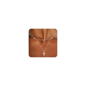 ALEXCRAFT Collier Croix Chretienne Femme Argent 92 Collier Croix Femme Argent Pendentif Croix Chaîne Paillettes Tour de Cou Chaîne Croix 2 Couches (Spunkcharms, neuf)