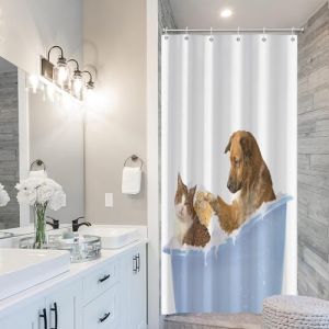Hnmdmyi Rideau de Douche Dr&ocirc;le 90x180, Baignant Chat et Chien Rideaux de Douche Enfants Mignons Animaux de Cartoon Bleu Blanc Rideau de Baignoire Imperm&eacute;able Polyester Tissu Lavable Rideau de Bain (Hnmdmyi, neuf)