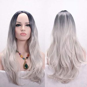 GJBXP Anime Partie Milieu Racine Foncé Noir Rose Bleu Pourpre Ombre Perruque Cheveux Synthétiques Longue Ondulée Femme Perruques Cosplay Haute Température Fibre Argent (good stuff A, neuf)