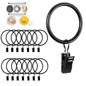 HABNI 15 Pcs Anneaux De Rideau En M&eacute;tal Avec Clips Diam&egrave;tre Int&eacute;rieur 35Mm Pour Tringle Fen&ecirc;tre Porte Rideau De Douche Corde &Agrave; Linge Noir (XIANXIAN LI, neuf)