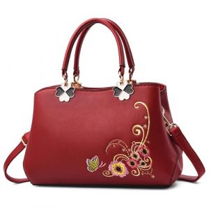 FOLOVEYA Femme Sac à Main Petit Broderie Fleurs Sac Fourre-Tout Sac à Bandoulière Sac Cabas Dames Cuir PU Sacs Porté Epaule pour Dating Travail Voyage Sac de Cours Rouge C (GATE14 S.R.L, neuf)