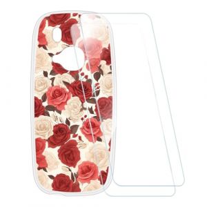 ESCAMOT Coque Imprim&eacute;e + 2 Protections Verre Tremp&eacute; Compatible avec Nokia 3310 2017, Coque Souple Anti-Choc et Film HD Clair (Fleur 1) (TomCase, neuf)
