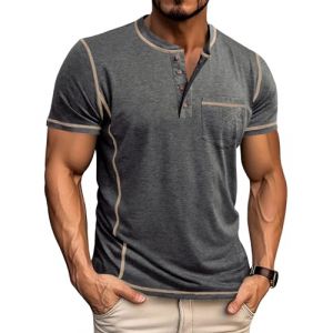 LAOARA Tee Shirt Homme T Shirt T-Shirts à Manches Courtes Homme Henley Col Tunisien Boutons Légére Tshirt Gris 2XL (Laoara Store, neuf)