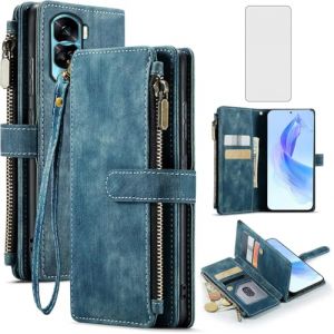 Asuwish Coque pour Honor 90 5G Portefeuille avec Verre Tremp&eacute; et Porte Carte Chaine PU Cuir &agrave; Clapet &Eacute;tui Housse Support Honor90 REA-NX9 T&eacute;l&eacute;phone Vitre Protection Protege Ecran Case Femme Homme Bleu (Asuwish FC UK Store, neuf)