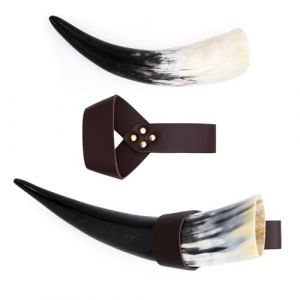 Lot de 2 tasses Vikinges en forme de corne à boire avec étui en cuir - Tasse à bière médiévale Renaissance - Costume d'Halloween et cosplay (CHUTENG-SHIHAO, neuf)