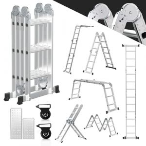 Ansobea Échelle multifonction en aluminium de 3,6 m - 4 x 3 marches - Échelle multifonction avec plate-forme - Échelle en aluminium avec 2 plaques d'échafaudage - Échelle pliante à 16 marches - (Big Bird GmbH, neuf)