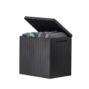Keter City Boîte de terrasse en résine pour meubles de terrasse, accessoires de piscine et rangement pour jouets d'extérieur, gris foncé 100 l (Dadolo, neuf)