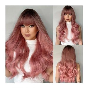 Perruques de cheveux humains Perruques de cheveux synthétiques ondulés gris rose longs avec une frange for les femmes blanches perruque de cosplay naturel rose frêne noir fibre résistante à la chaleur (linjie20248, neuf)
