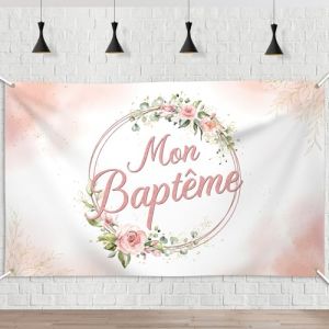 Banderole Mon Baptême - Bannière pour Fille 1.1 x 1.8m avec Ruban de Soie - Toile de Fond Grand Tissu de Photographie - Décoration pour Baptême (Wei Er TongMaoYi, neuf)