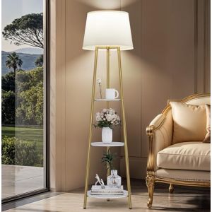 Vrygle Lampadaire Tr&eacute;pied avec 3 &Eacute;tag&egrave;res - lampadaire sur pied en M&eacute;tal LED avec 3 Temp&eacute;ratures de Couleur, Lampe sur Pied avec Abat-Jour en Lin pour Salon, Chambre, Bureau, 35.5x150cm (Tongxindabest, neuf)