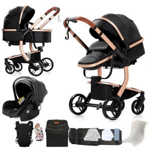 Nine point nine Cuir PU Poussette 3 en 1, Poussette Bebe avec Double Modes de Poussée Réversibles, Poussette Canne avec Grande Nacelle Confortable, Pousettes Cadre Aluminium Haute Paysage (L518 Black) (Kaiwen baby products, neuf)