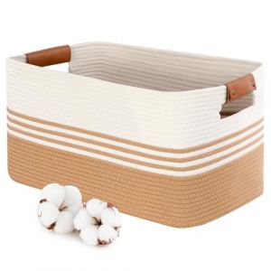 Ezvsevuo 65L Paniere Linge, Paniere a Linge Bebe pour Jouets avec poign&eacute;es, Panier de Rangement en Corde de Coton,Corbeille Paniers pour &eacute;tag&egrave;res de bain(Blanc et Marron) (Ezvsevuo, neuf)
