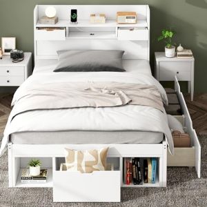 Sapgaks Lit Capitonn&eacute; 90x200 avec USB, 3 Tiroirs et Meuble de Rangement 2 en 1, Simple 90x200 avec T&ecirc;te, Lit Coffre 90x200cm avec Espace de Rangement, Blanc (sans Matelas) (ZHYMING, neuf)