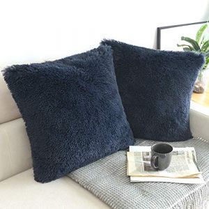 NordECO HOME Lot de 2 Housse de Coussin Fourrure Moelleux Doux en Peluche Coussins Carré Décoratif pour Salon Canapé Chambre Voiture 40x40 cm Bleu Marine (NORDECO DECOR-EU, neuf)