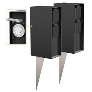 ledscom.de 2 pi&egrave;ces Colonne de Prises de Jardin POMI avec Piquet de Terre pour l'ext&eacute;rieur, IP44, minuterie/Timer, 2X, Noir, carr&eacute;, 23cm (LEDs Com GmbH, neuf)