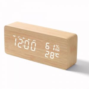 VORRINC R&eacute;veil Num&eacute;rique Radio-Contr&ocirc;l&eacute; avec 3 Alarmes Ind&eacute;pendantes et Fonction Snooze&ndash;Reveil Bois avec Affichage de la Date, de la Temp&eacute;rature, R&eacute;glage du Volume et de la Luminosit&eacute; (BSDZ, neuf)