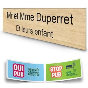 DECOHO - Plaque Boite aux Lettres personnalisée adhésive 100x25mm - Effet Bois Clair - 2 Lignes Gravure Laser - Stickers Stop Pub offerts - Marron (DECOHO, neuf)