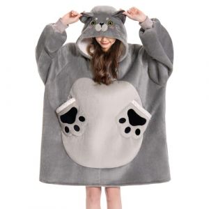OLAOLA Sweat &agrave; Capuche Couverture Surdimensionn&eacute;e Chat pour Adultes, Pull Plaid &agrave; Capuche en Polaire Sherpa avec Manches et Poches, Sweat Plaid Doux et Chaud pour Femme Homme (pitgeem, neuf)